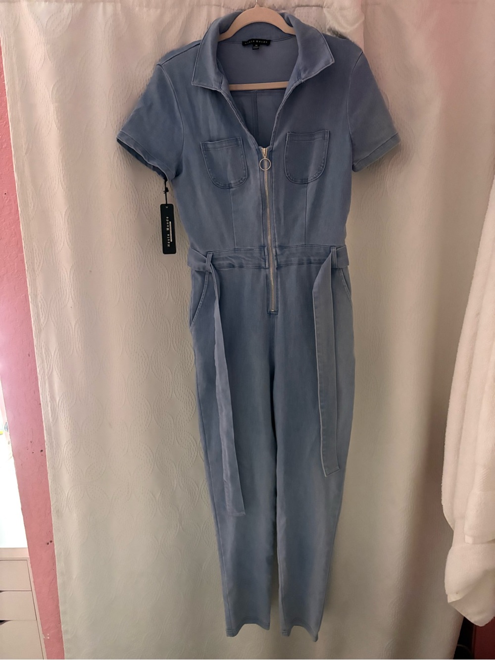 Haute Monde Light Blue Short-Sleeve Zip Jumpsuit with Belt